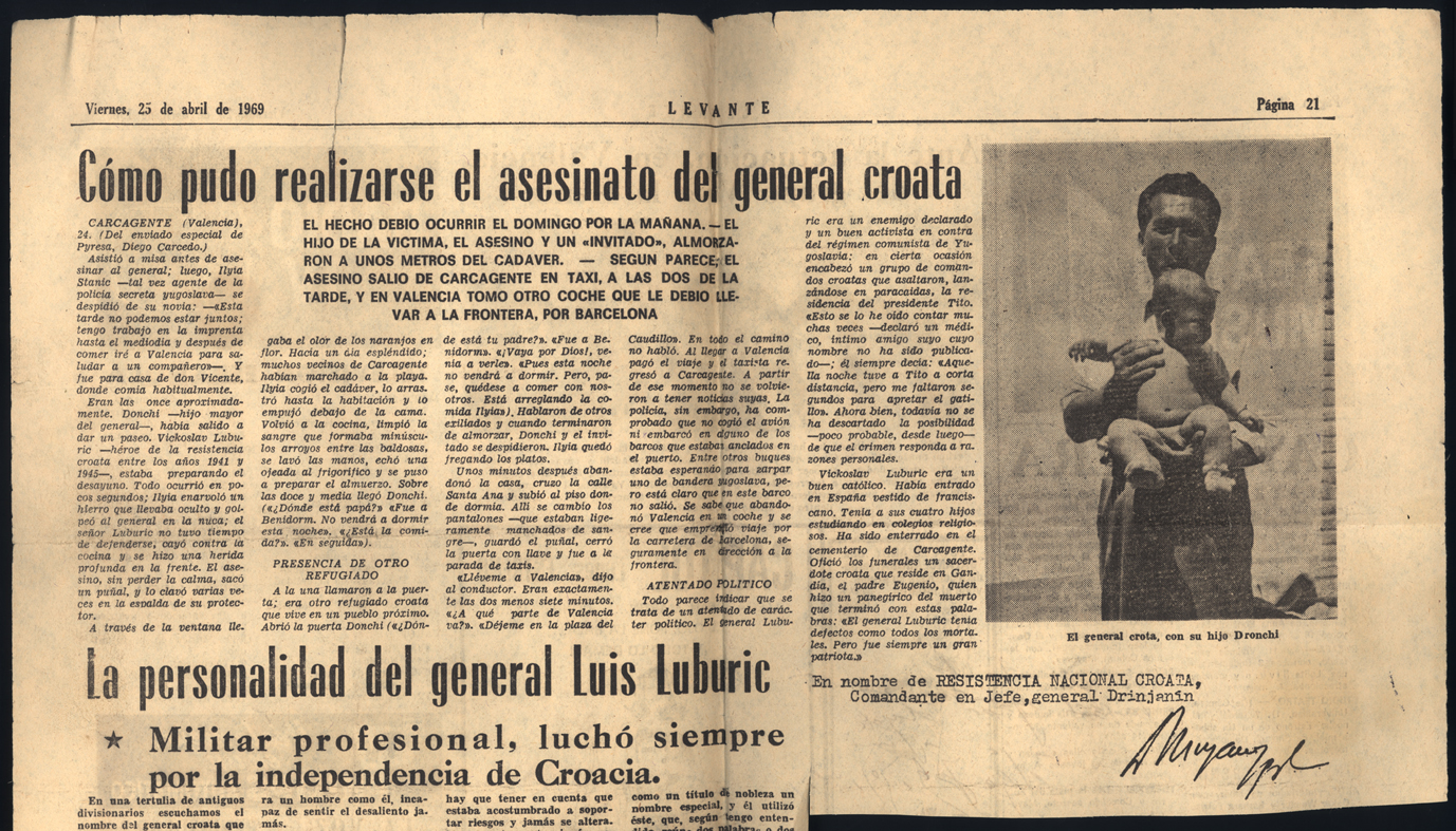 Noticia del asesinato del ustasa croata Luburic Levante 25 4 1969